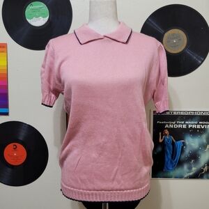 Bright Lights | 70s Vintage Pink & Black Collared Knit Blouse